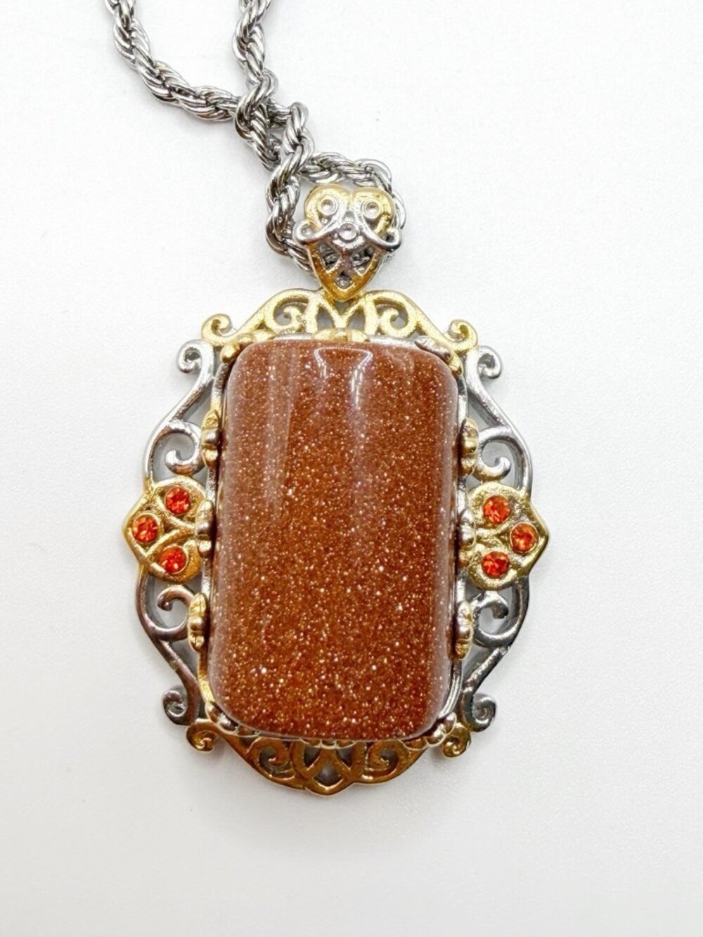 Gold & Silver Tone Stainless Steel Goldstone Pendant Chain Necklace - Picture 5 of 5